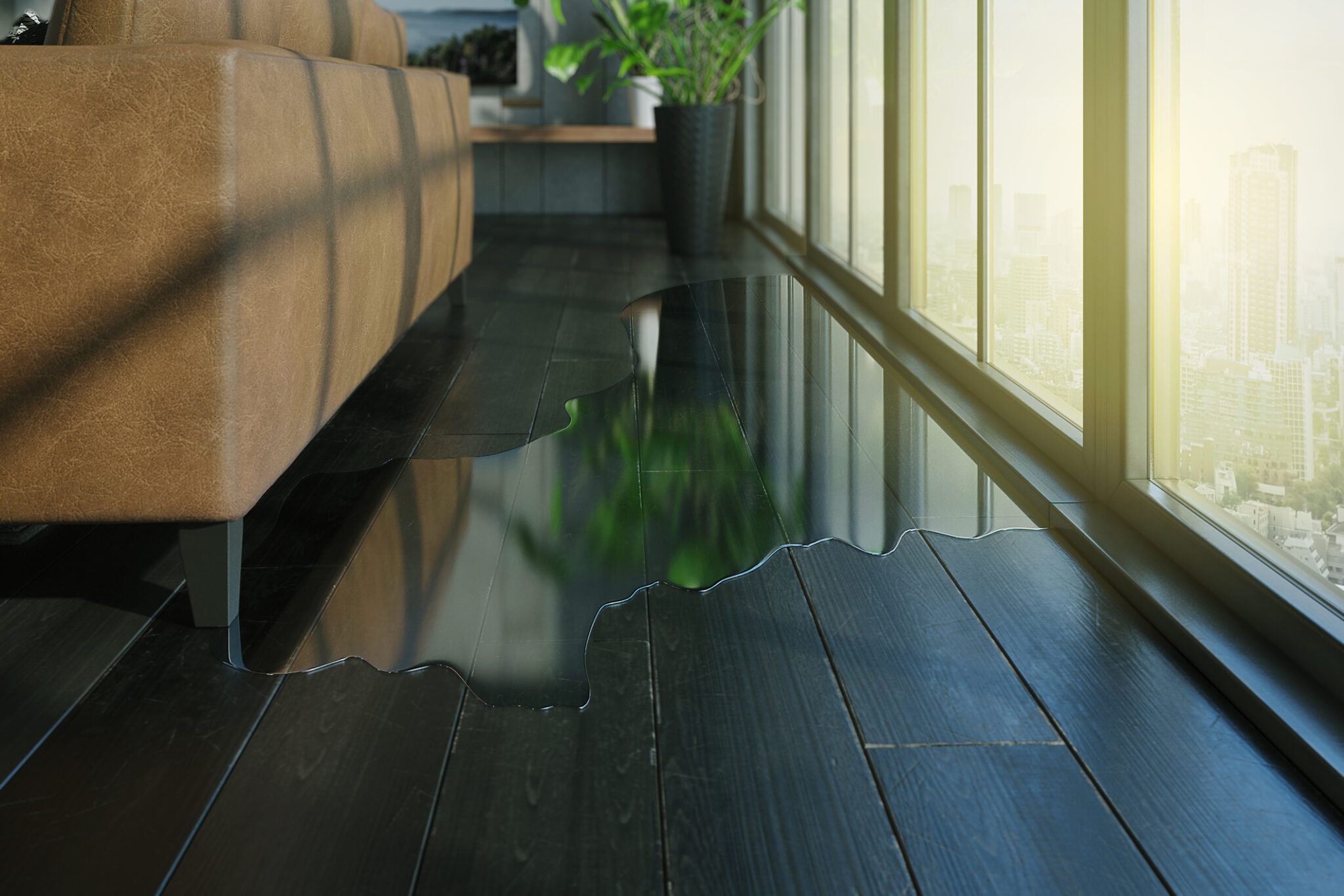 Water leaking and flooded on wood parquet floor. Room floor will damage after the water flooded.