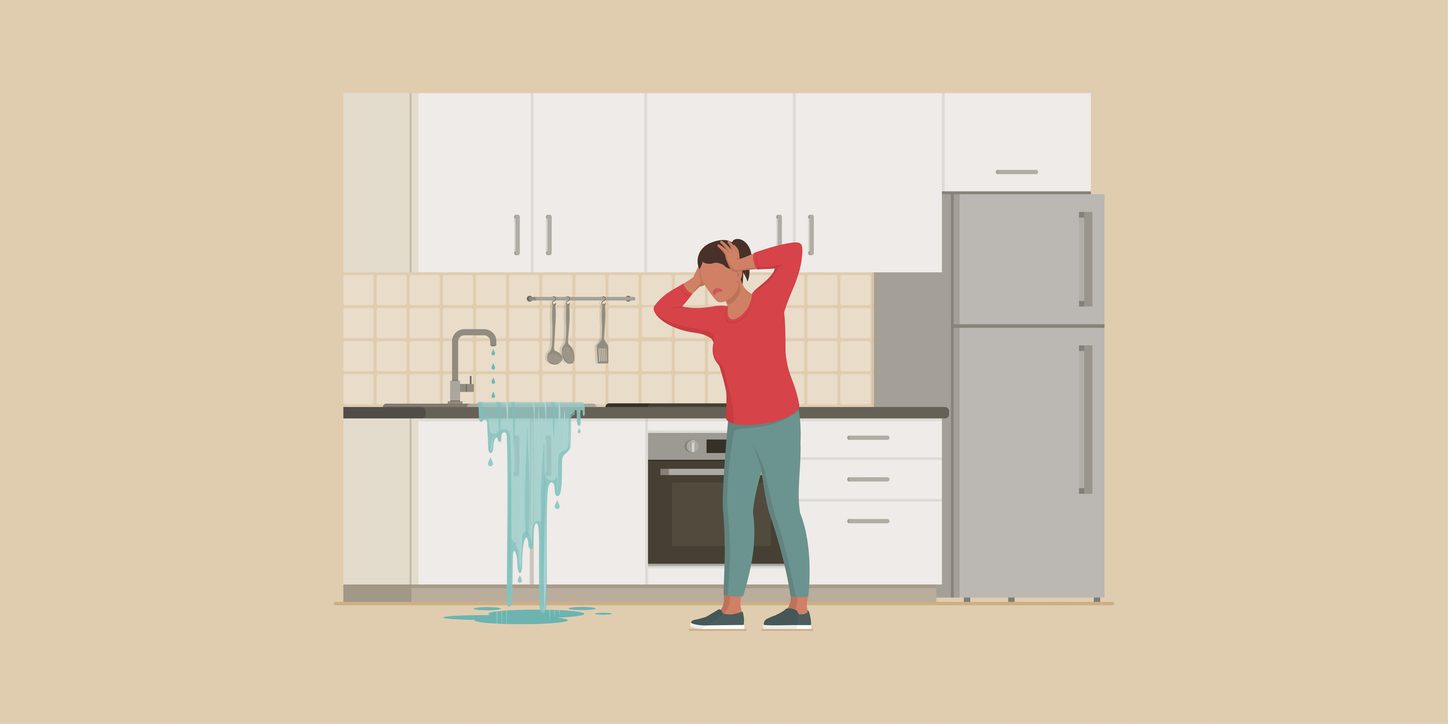 Panicked woman with head in hands and leaking kitchen sink: plumbing problems at home. Illustration of a woman distressed by an overflowing sink in a kitchen, representing one of the top reasons behind leaks in NYC apartments.
